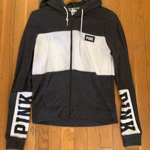 Victoria’s Secret pink logo zip up hoodie sweatshirt charcoal grey white logo